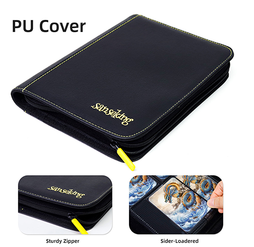 SANSEKING - SIDE LOADING ZIP CARD BINDER - PU LEATHER - 4 POCKETS BINDER - BLACK - Immagine 5