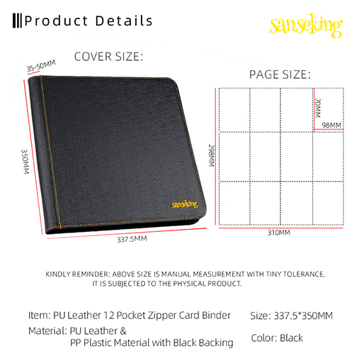 SANSEKING - SIDE LOADING ZIP CARD BINDER - PU LEATHER - 12 POCKETS BINDER - BLACK - Immagine 4