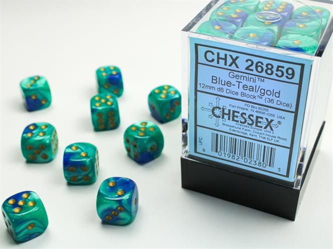 CHX 26859 - SET 36 DADI 6 FACCE 12 MM GEMINI - BLUE-TEAL W/GOLD