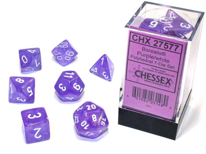 CHX 27577 - SET 7 DADI POLIEDRICI - BOREALIS PURPLE/WHITE LUMINARY