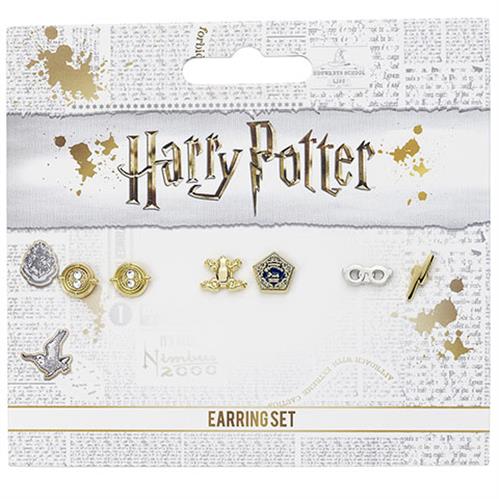 WE0106 - HARRY POTTER - SET DI ORECCHINI - CIOCCORANA, OCCHIALI E SAETTA, GIRATEMPO