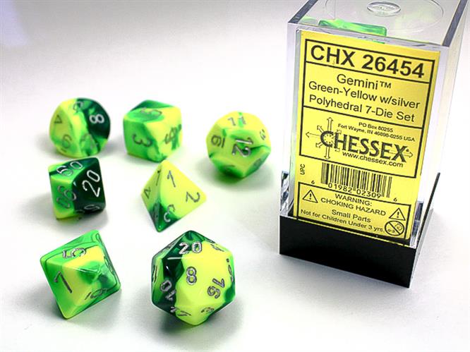 CHX 26454 - SET 7 DADI POLIEDRICI GEMINI - GREEN-YELLOW W/SILVER