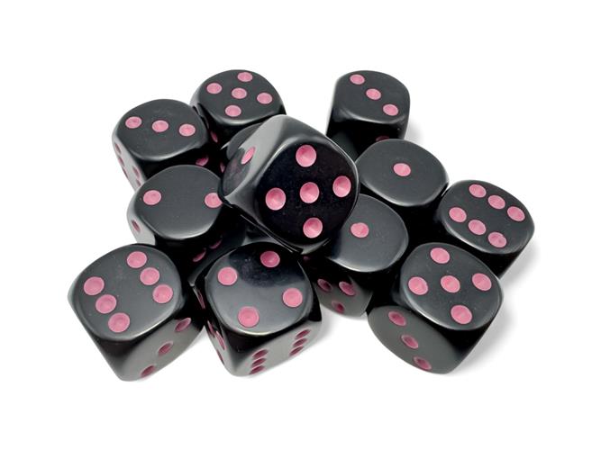 CHX 25648 - SET 12 DADI 6 FACCE 16MM OPACHI - BLACK/PINK