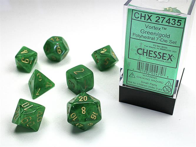 CHX 27435 - SET 7 DADI POLIEDRICI - VORTEX GREEN W/GOLD