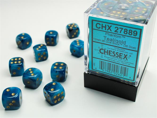CHX 27889 - SET 36 DADI 6 FACCE 12MM - PHANTOM TEAL W/GOLD