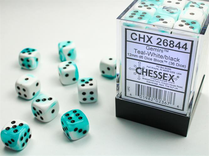 CHX 26844 - SET 36 DADI 6 FACCE 12 MM GEMINI - WHITE-TEAL W/BLACK