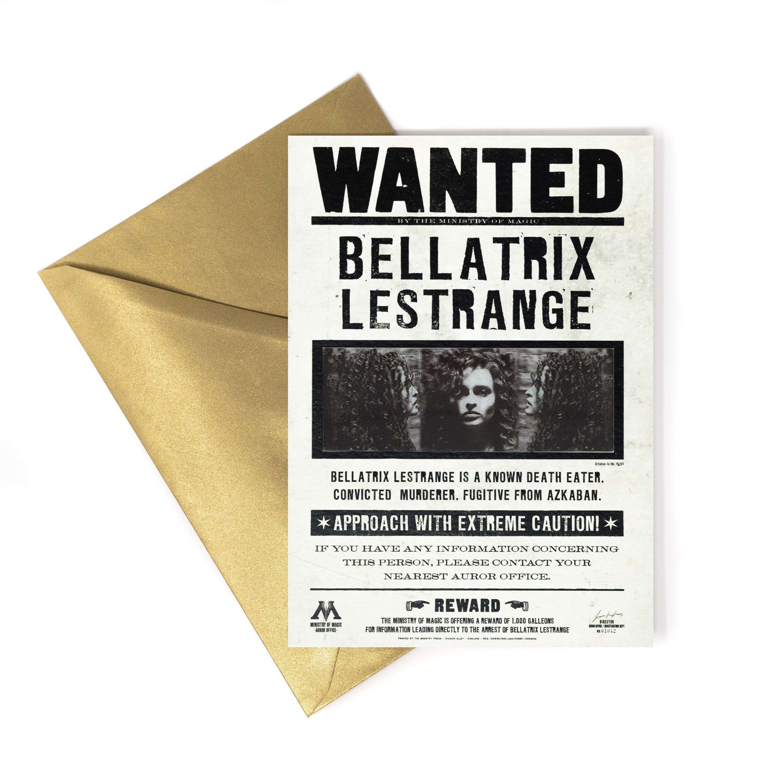 HPCARD33 - MINISTRY OF MAGIC: BELLATRIX LESTRANGE WANTED NOTICE - NOTECARD