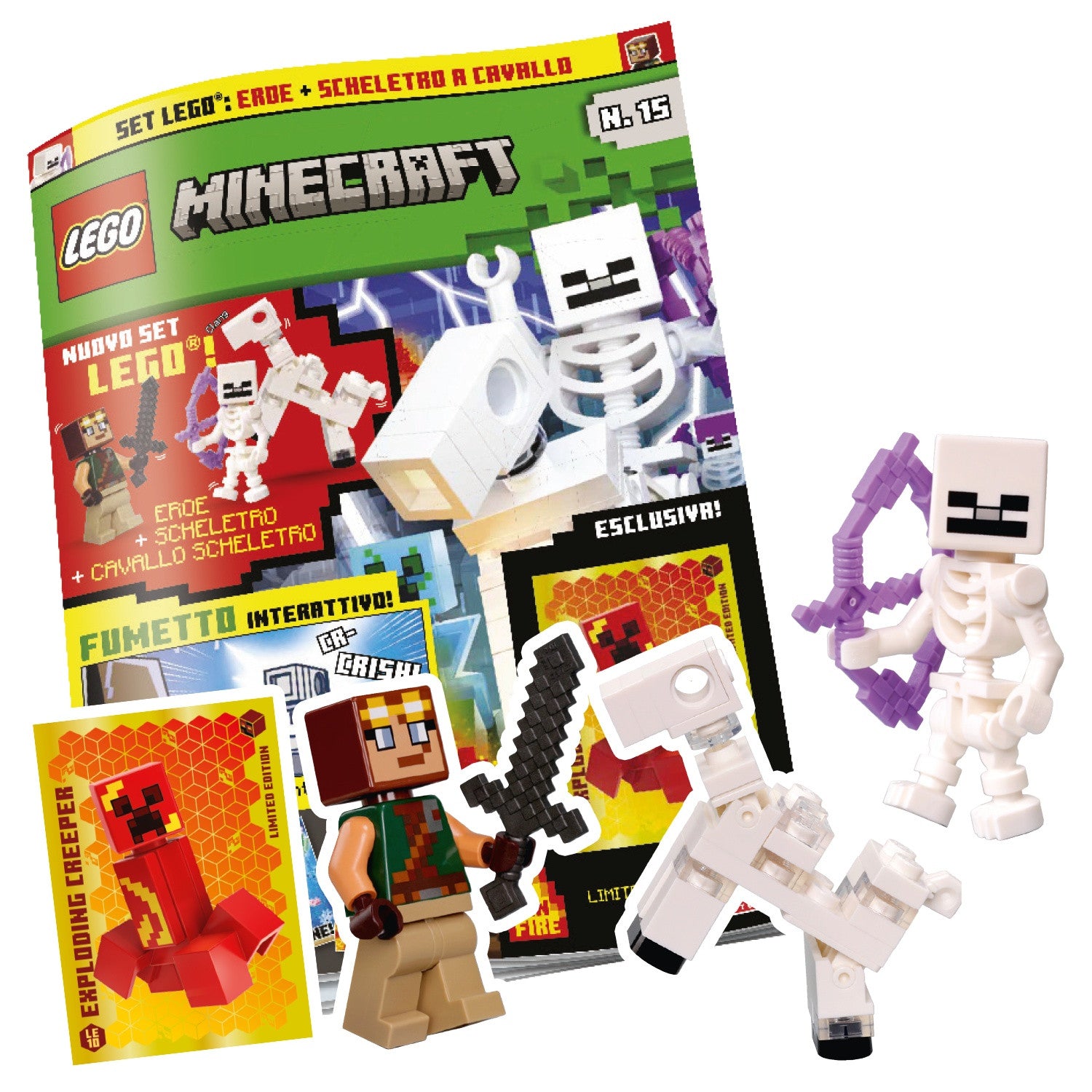 LEGO MINECRAFT N.15 - EROE + SCHELETRO A CAVALLO + LIMITED CARD LE10 EXPLODING CREEPER