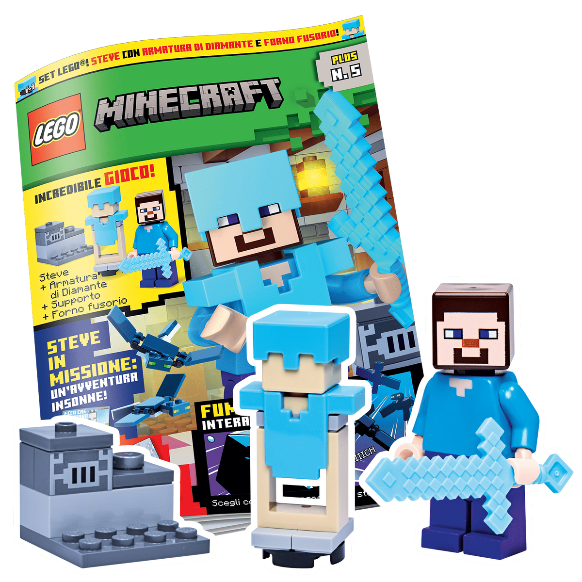 LEGO MINECRAFT PLUS N.5 - SET GIOCO LEGO: STEVE + ARMATURA DI DIAMANTE + SUPPORTO + FORNO FUSORIO