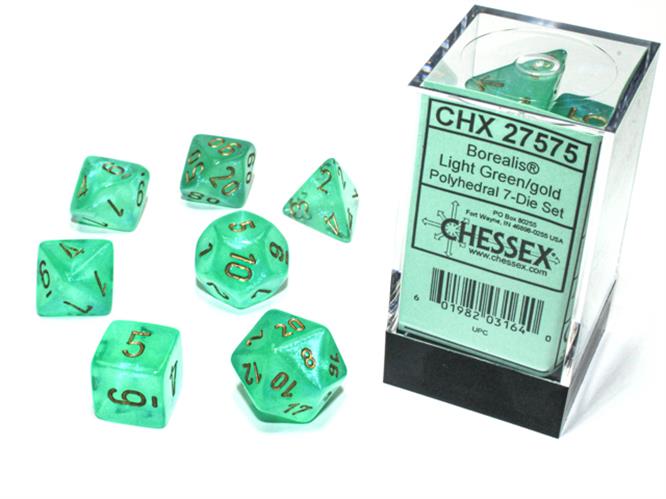 CHX 27575 - SET 7 DADI POLIEDRICI - BOREALIS LIGHT GREEN/GOLD LUMINARY
