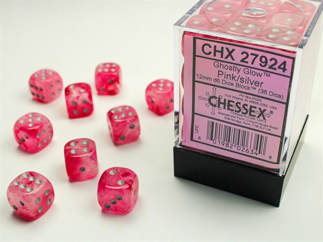 CHX 27924 - SET 36 DADI 6 FACCE 12MM - GHOSTLY GLOW PINK/SILVER