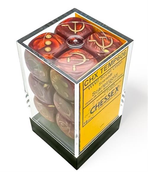 CHX 29063 - SET 12 DADI 6 FACCE 16MM - WW2 - SCARLET/GOLD