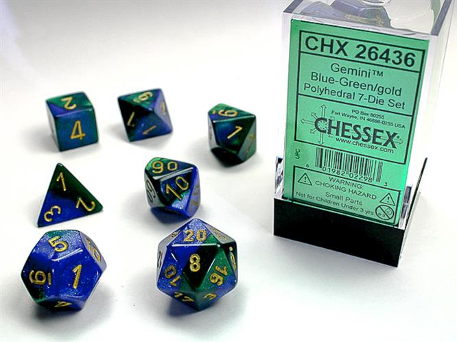 CHX 26436 - SET 7 DADI POLIEDRICI GEMINI - BLUE-GREEN W/GOLD