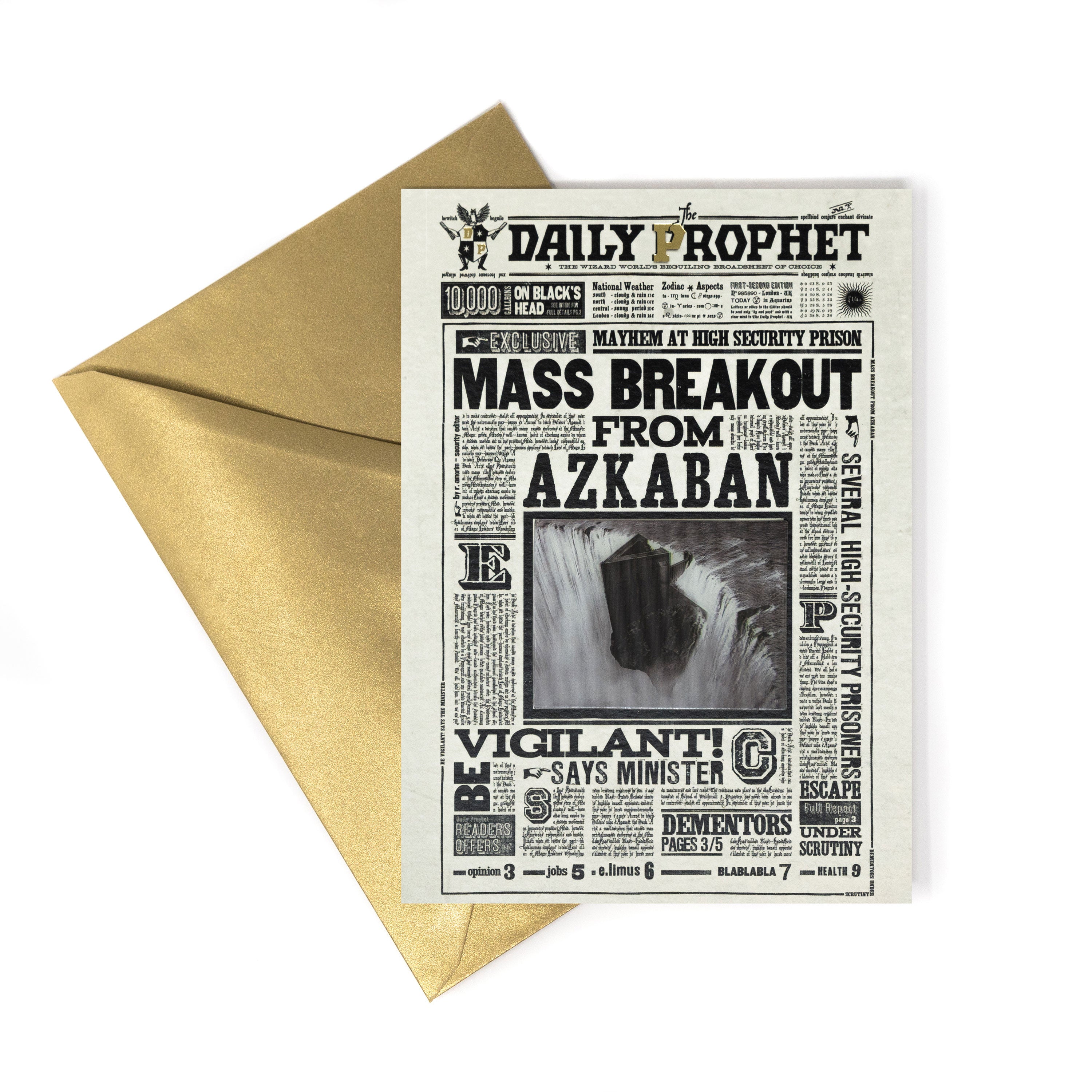 HPCARD32 - THE DAILY PROPHET: 'MASS BREAKOUT FROM AZKABAN' - NOTECARD