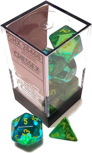 CHX 26466 - SET 7 DADI POLIEDRICI GEMINI - TRANSLUCENT GREEN-TEAL/YELLOW