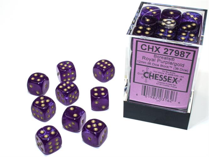 CHX 27987 - SET 36 DADI 6 FACCE 12MM - BOREALIS ROYAL PURPLE/GOLD LUMINARY