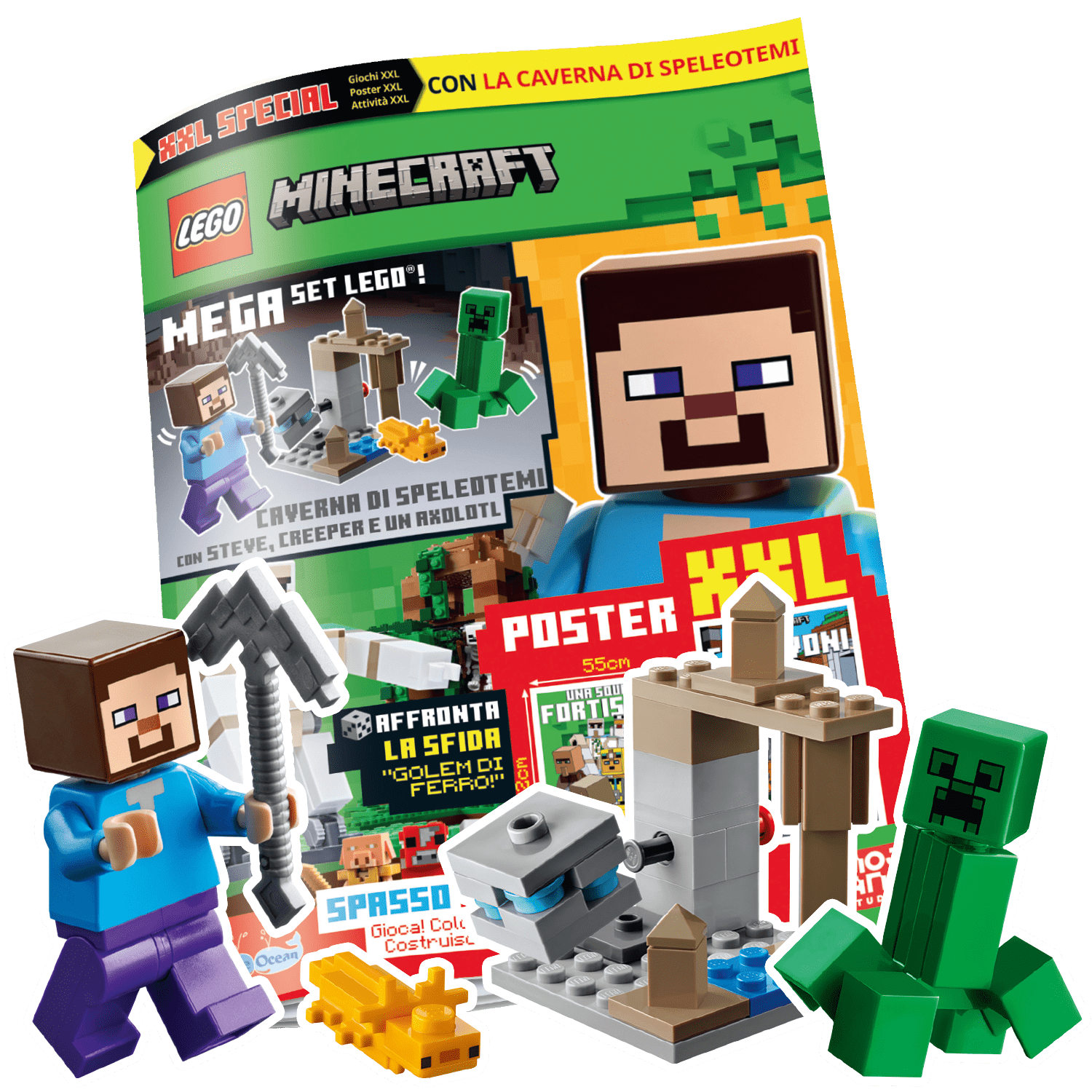 LEGO MINECRAFT SPECIALE N.1 - CAVERNA DI SPELEOTEMI CON STEVE, CREEPER E UN AXOLOTL XXL
