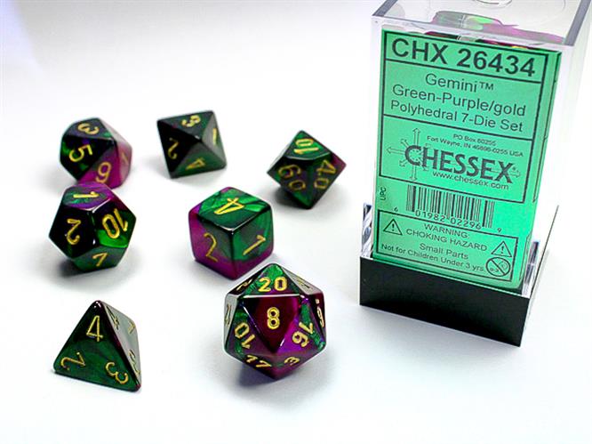 CHX 26434 - SET 7 DADI POLIEDRICI GEMINI - GREEN-PURPLE W/GOLD