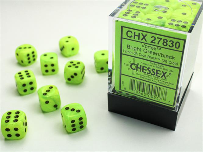 CHX 27830 - SET 36 DADI 6 FACCE 12MM - VORTEX BRIGHT GREEN W/BLACK