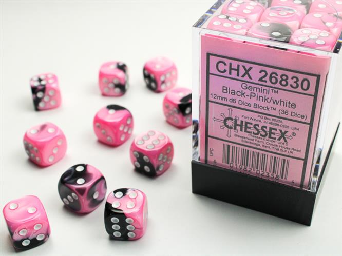 CHX 26830 - SET 36 DADI 6 FACCE 12 MM GEMINI - BLACK-PINK W/WHITE