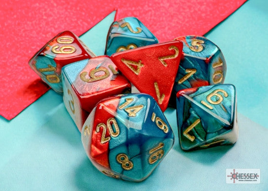 CHX 20662 - SET 7 DADI POLIEDRICI MINI GEMINI - RED-TEAL/GOLD