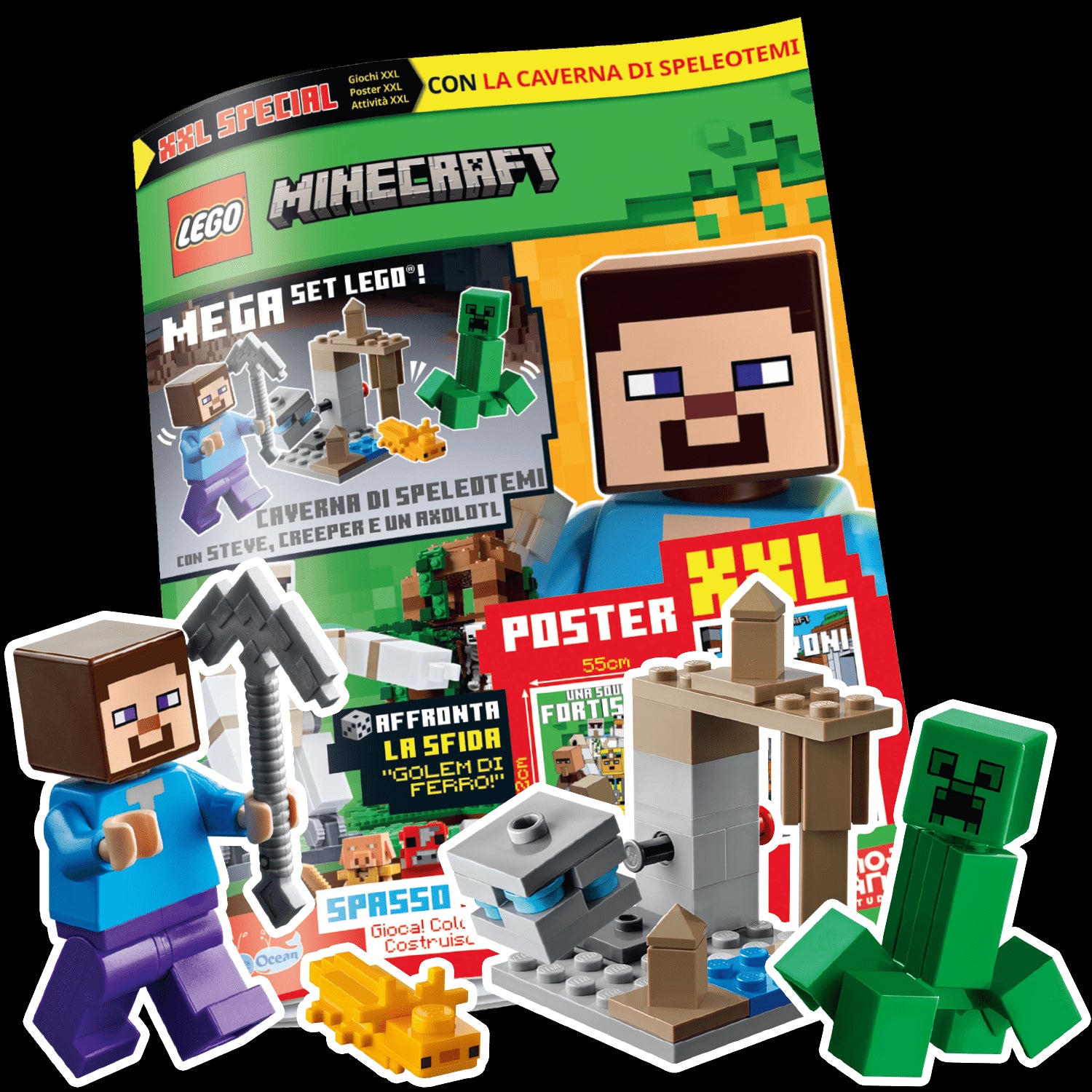 LEGO MINECRAFT SPECIALE N.1 - CAVERNA DI SPELEOTEMI CON STEVE, CREEPER E UN AXOLOTL XXL