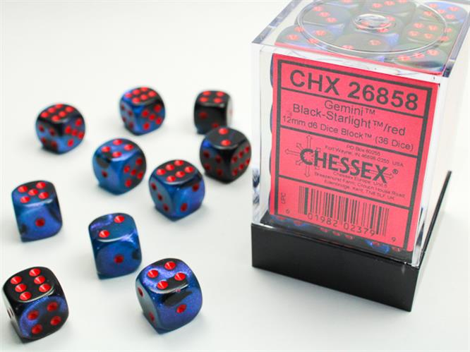 CHX 26858 - SET 36 DADI 6 FACCE 12 MM GEMINI - BLACK-STARLIGHT W/RED