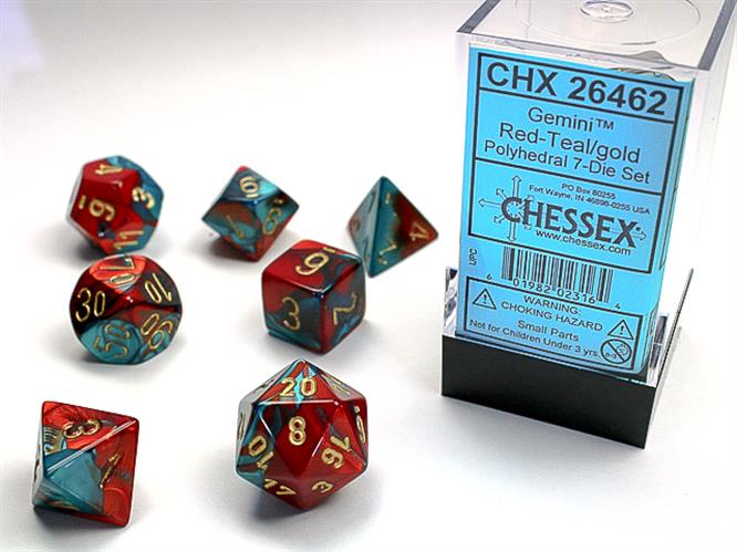 CHX 26462 - SET 7 DADI POLIEDRICI GEMINI - RED-TEAL WITH GOLD