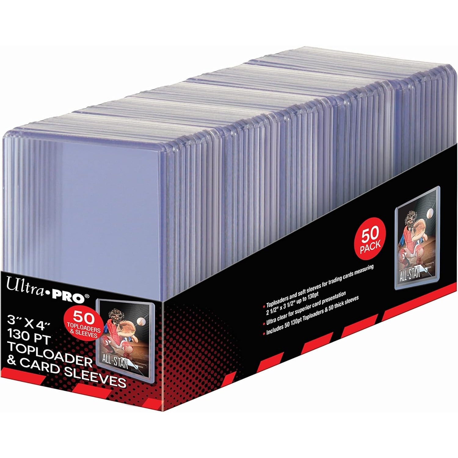 15285 - 50 TOPLOADER 3" X 4" - SUPER THICK 130PT + CARD SLEEVES