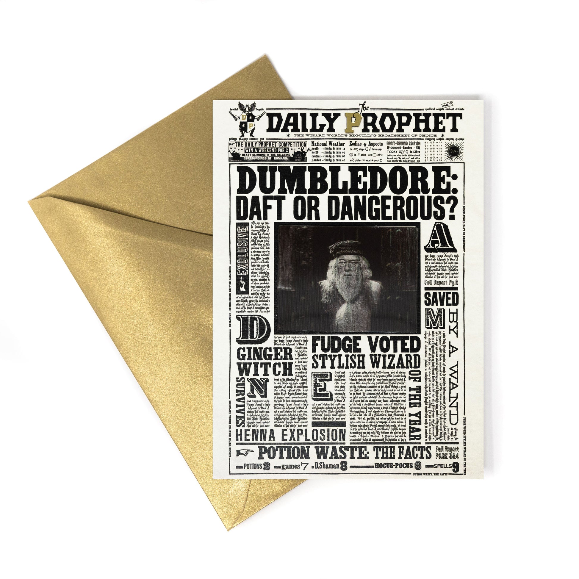 HPCARD12 - THE DAILY PROPHET: 'DUMBLEDORE: DAFT OR DANGEROUS?' - NOTECARD