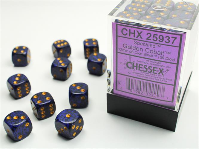CHX 25937 - SET 36 DADI 6 FACCE 12MM PUNTINATI - GOLDEN COBALT