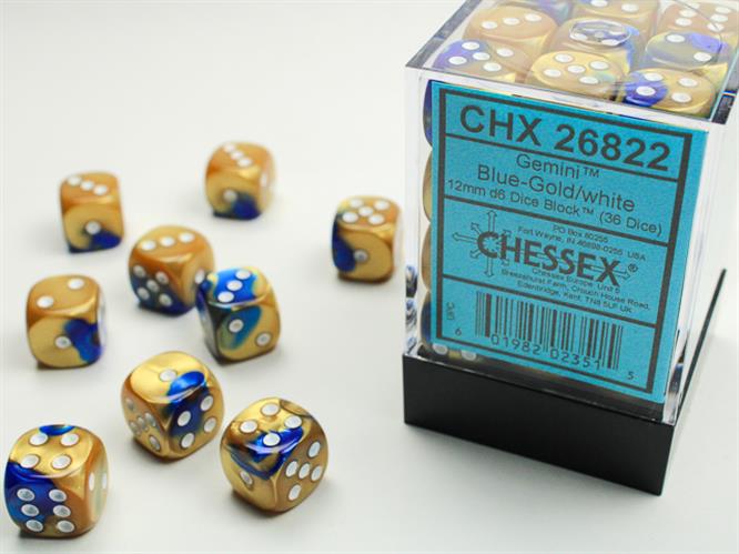 CHX 26822 - SET 36 DADI 6 FACCE 12 MM GEMINI - BLUE-GOLD W/WHITE