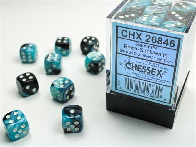CHX 26846 - SET 36 DADI 6 FACCE 12 MM GEMINI - BLACK-SHELL W/WHITE