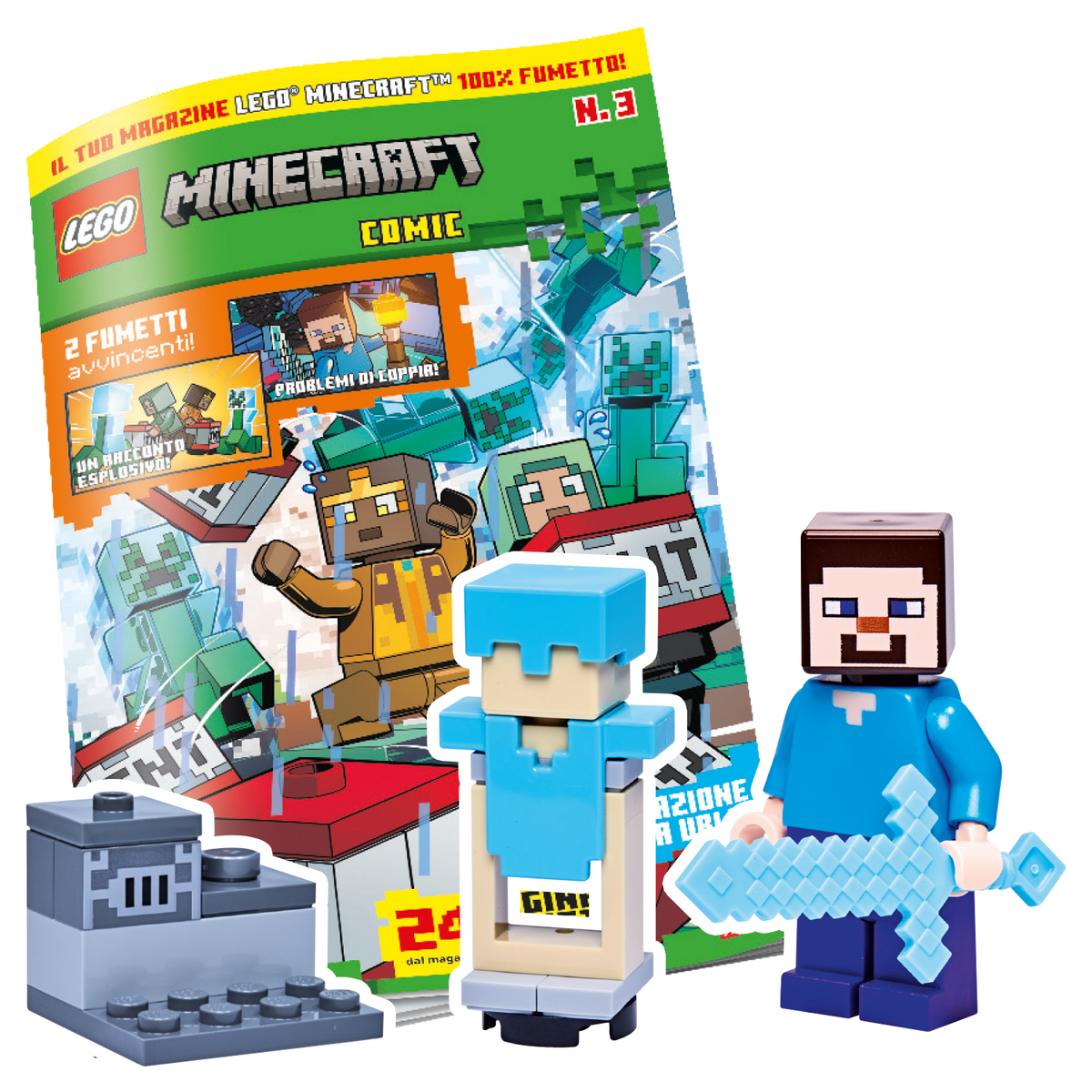 LEGO MINECRAFT COMIC N.3 - STEVE + ARMATURA DI DIAMANTE + SUPPORTO + FORNO