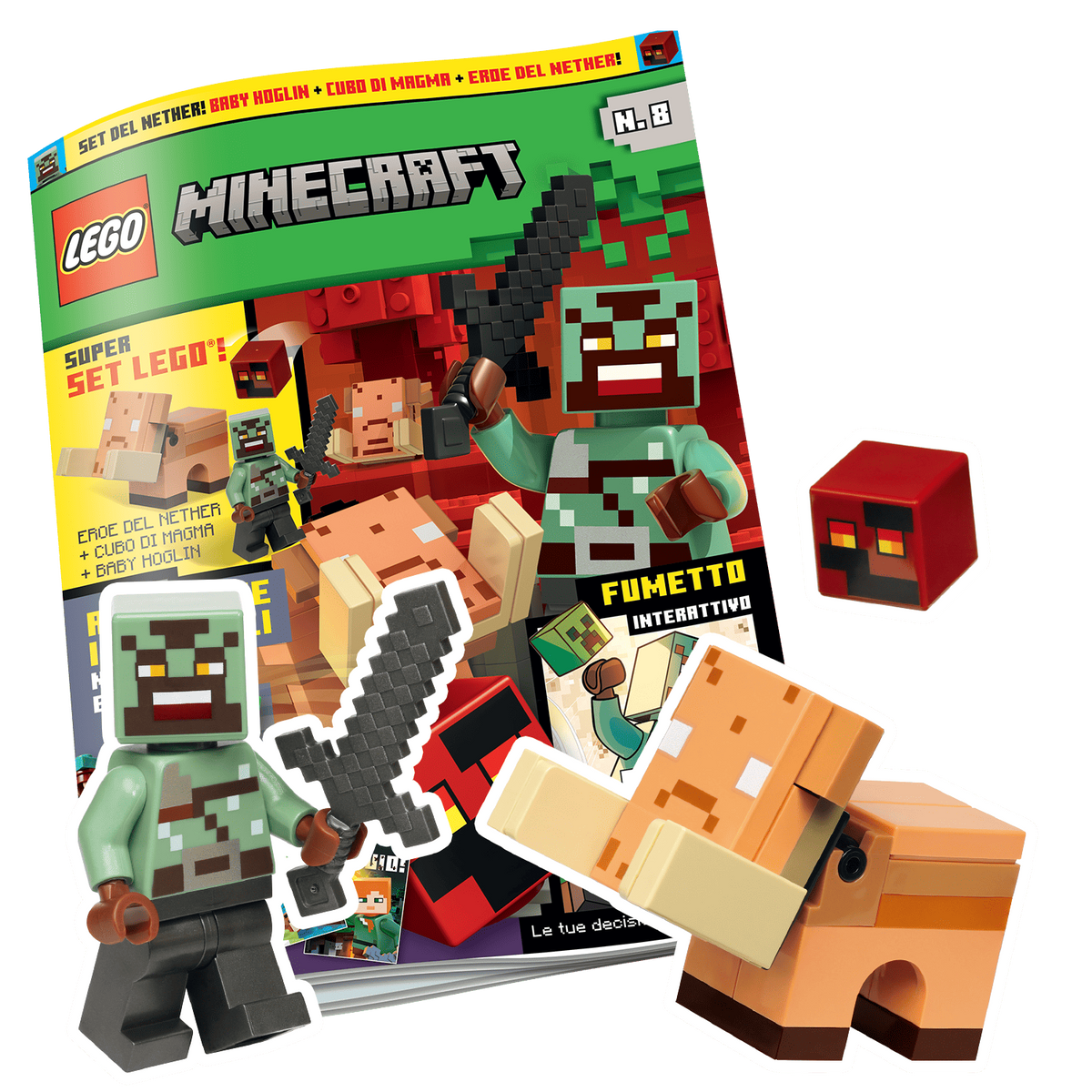LEGO MINECRAFT N.8 - SET LEGO: BABY HOGLIN + CUBO DI MAGMA + EROE DEL NETHER!