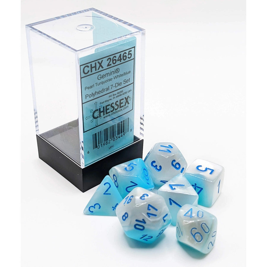 CHX 26465 - SET 7 DADI POLIEDRICI GEMINI - PEARL TURQUOISE-WHITE/BLUE LUMINARY