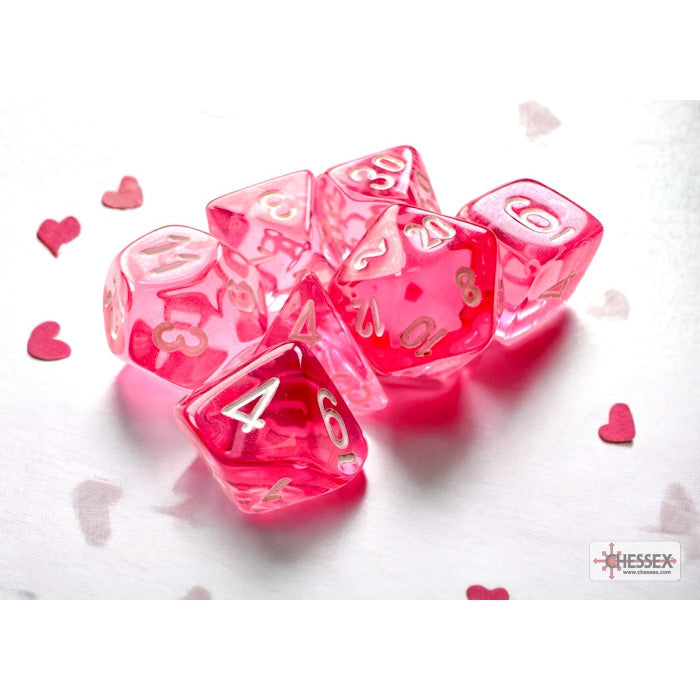 CHX 20384 - SET 7 DADI POLIEDRICI MINI - TRANSLUCENT PINK/WHITE