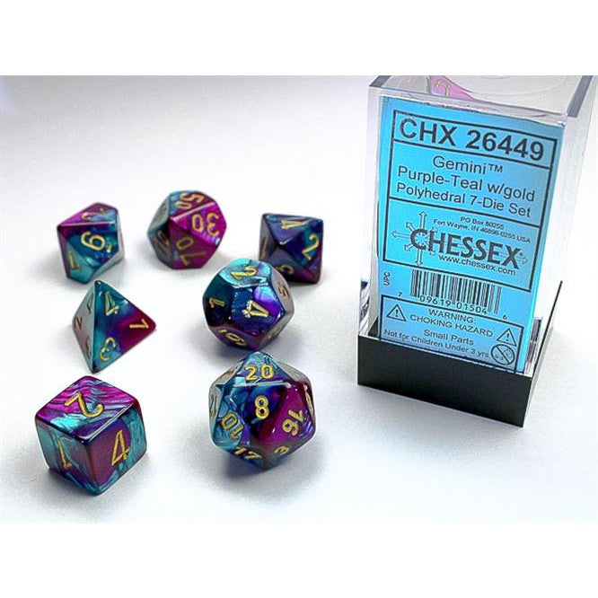 CHX 26449 - SET 7 DADI POLIEDRICI GEMINI - PURPLE-TEAL W/GOLD