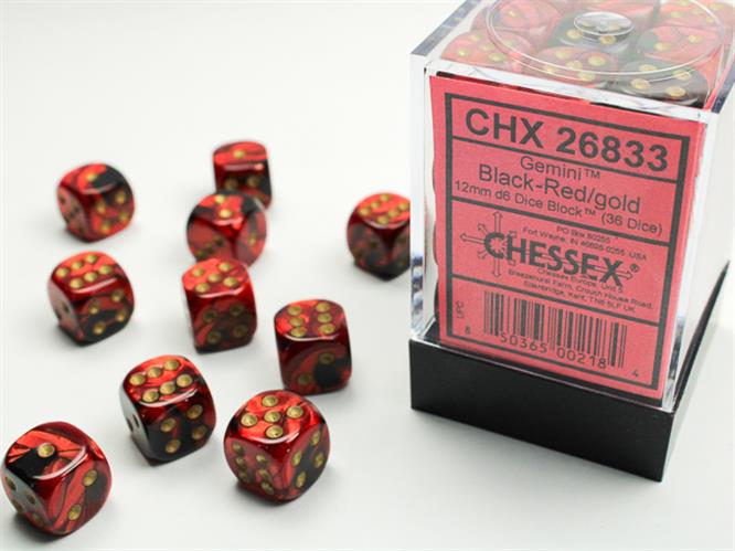 CHX 26833 - SET 36 DADI 6 FACCE 12 MM GEMINI - BLACK-RED W/GOLD